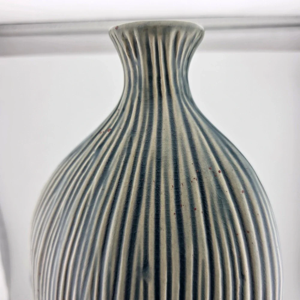 Pier 1 Decorative Vase Ribbed Ceramic Asymmetrical‎ Blue Brown Excellent  Decor